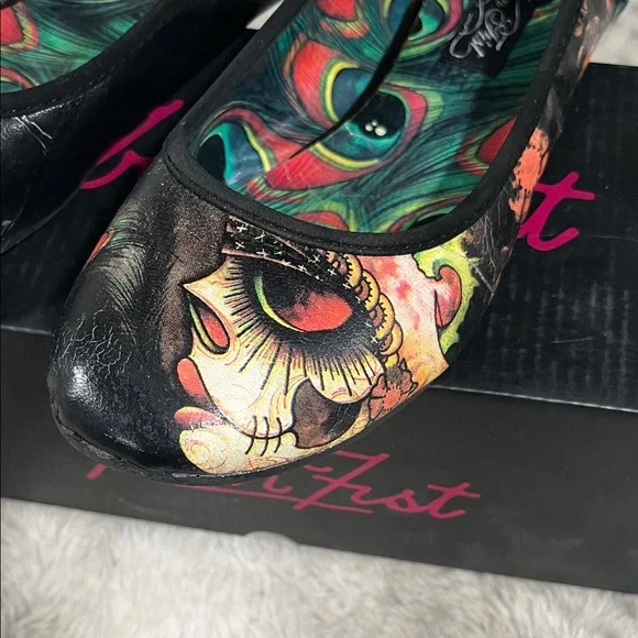 Iron Fist Black Multi Floral Skull Ballet Flats with Green Feather Accent - Picture 8 of 9